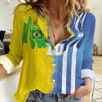 Custom Argentina and Brazil Football Mashup Women Casual Shirt La Albiceleste and Selecao