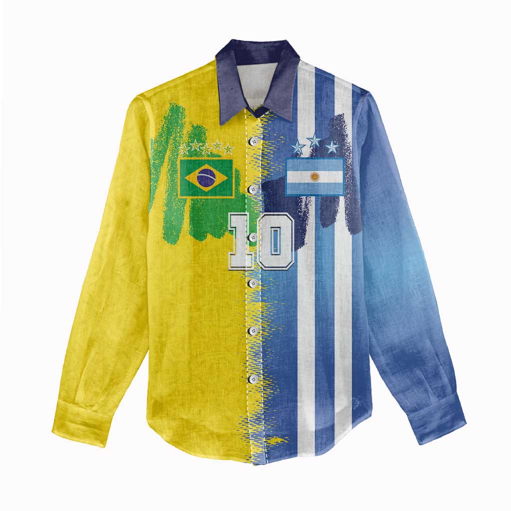 Custom Argentina and Brazil Football Mashup Women Casual Shirt La Albiceleste and Selecao
