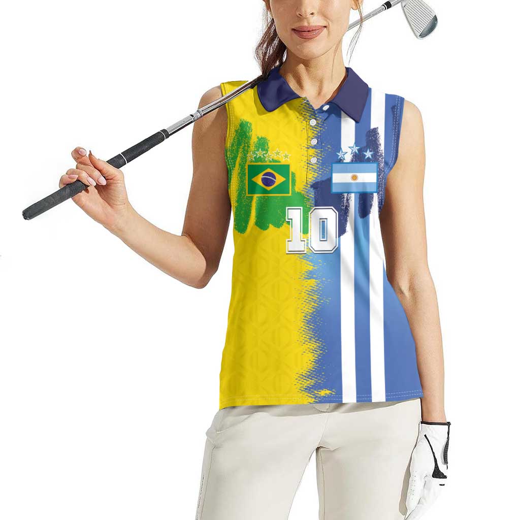 Custom Argentina and Brazil Football Mashup Women Sleeveless Polo Shirt La Albiceleste and Selecao