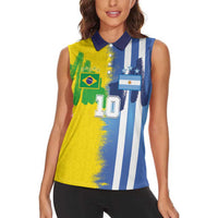 Custom Argentina and Brazil Football Mashup Women Sleeveless Polo Shirt La Albiceleste and Selecao