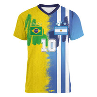 Custom Argentina and Brazil Football Mashup Women V-Neck T-Shirt La Albiceleste and Selecao