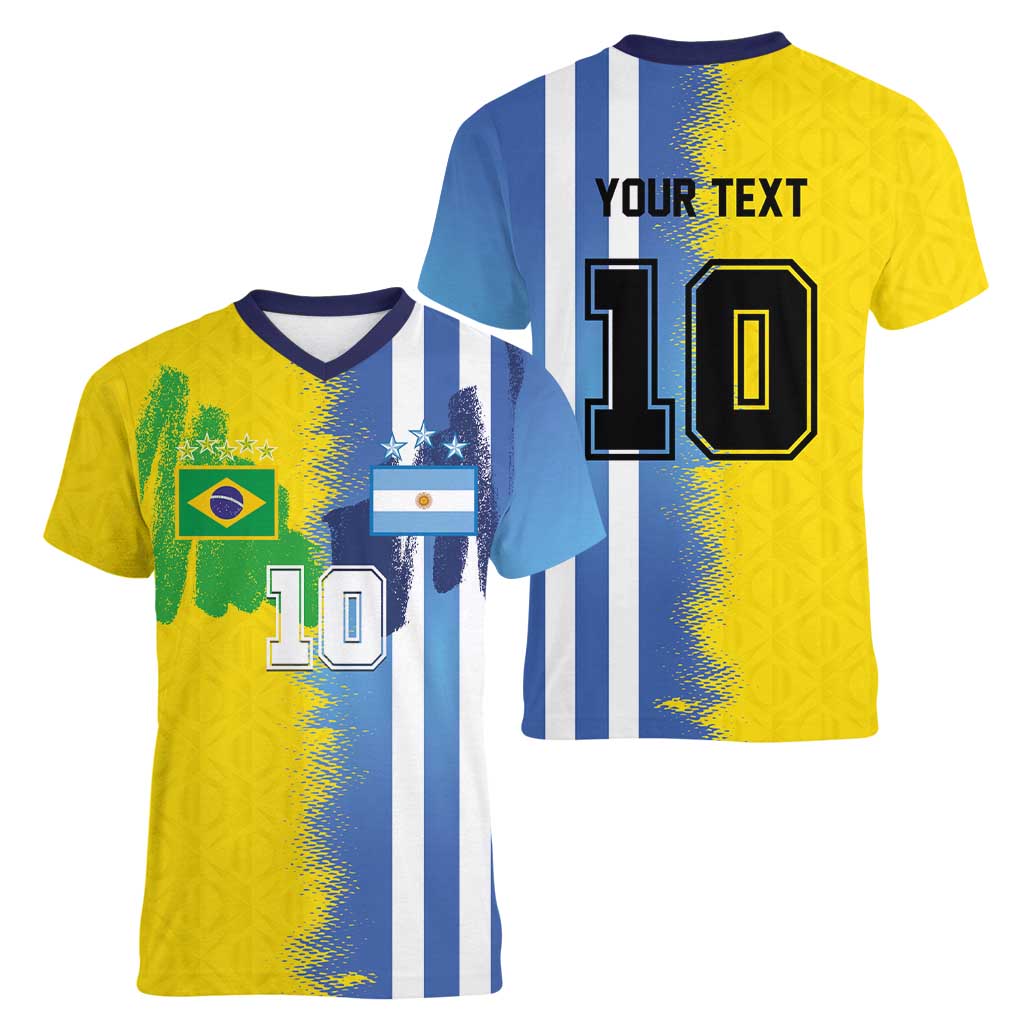 Custom Argentina and Brazil Football Mashup Women V-Neck T-Shirt La Albiceleste and Selecao