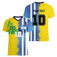 Custom Argentina and Brazil Football Mashup Women V-Neck T-Shirt La Albiceleste and Selecao