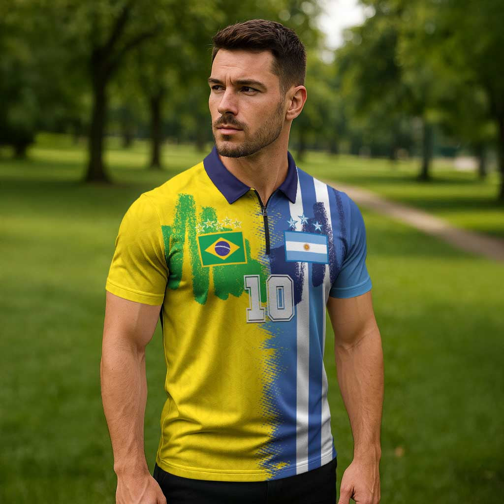 Custom Argentina and Brazil Football Mashup Zipper Polo Shirt La Albiceleste and Selecao