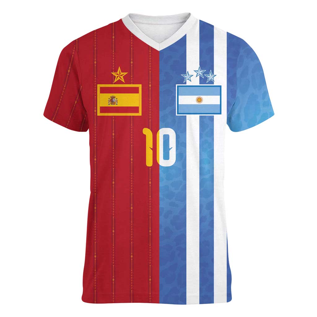 Custom Argentina and Spain Football Mashup Women V-Neck T-Shirt Final 2026