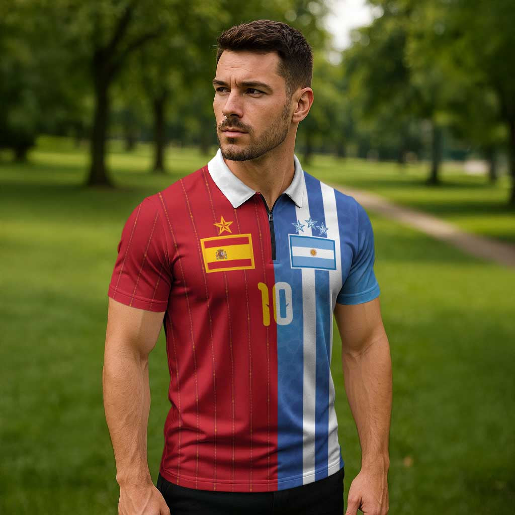 Custom Argentina and Spain Football Mashup Zipper Polo Shirt Final 2026