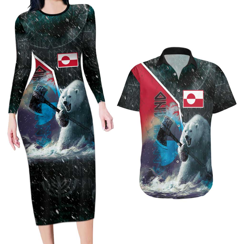 Personalized Greenland Couples Matching Long Sleeve Bodycon Dress and Hawaiian Shirt Polar Bear Warrior Fight for Kalaallit Nunaat
