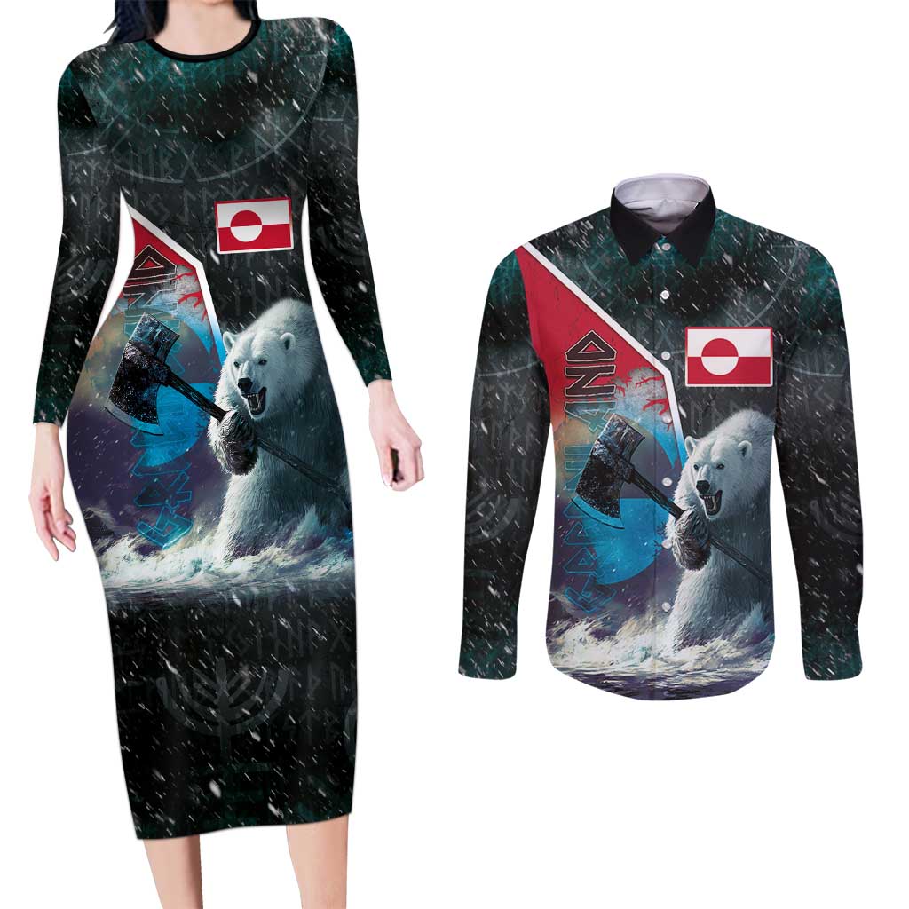 Personalized Greenland Couples Matching Long Sleeve Bodycon Dress and Long Sleeve Button Shirt Polar Bear Warrior Fight for Kalaallit Nunaat