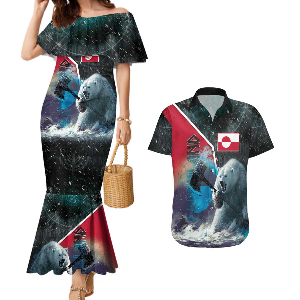 Personalized Greenland Couples Matching Mermaid Dress and Hawaiian Shirt Polar Bear Warrior Fight for Kalaallit Nunaat