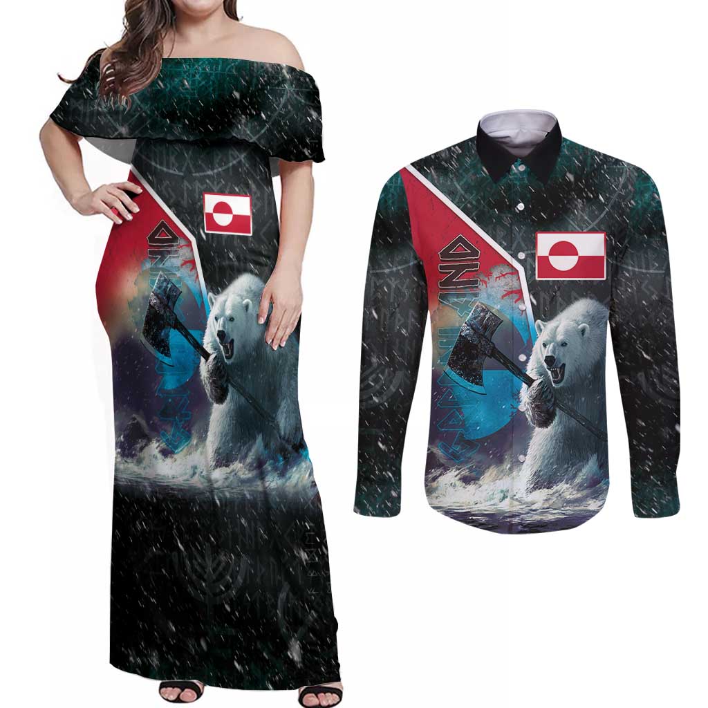 Personalized Greenland Couples Matching Off Shoulder Maxi Dress and Long Sleeve Button Shirt Polar Bear Warrior Fight for Kalaallit Nunaat