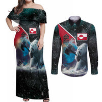 Personalized Greenland Couples Matching Off Shoulder Maxi Dress and Long Sleeve Button Shirt Polar Bear Warrior Fight for Kalaallit Nunaat