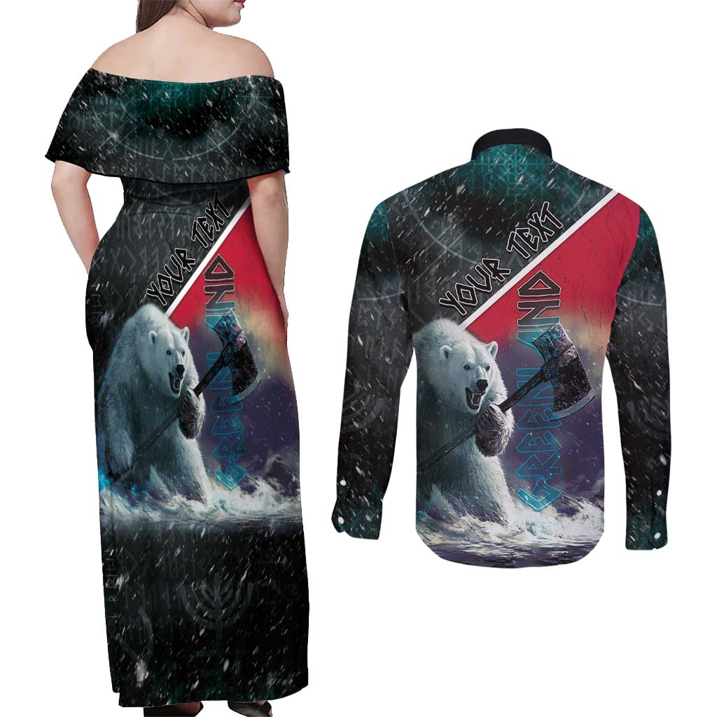 Personalized Greenland Couples Matching Off Shoulder Maxi Dress and Long Sleeve Button Shirt Polar Bear Warrior Fight for Kalaallit Nunaat