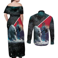 Personalized Greenland Couples Matching Off Shoulder Maxi Dress and Long Sleeve Button Shirt Polar Bear Warrior Fight for Kalaallit Nunaat