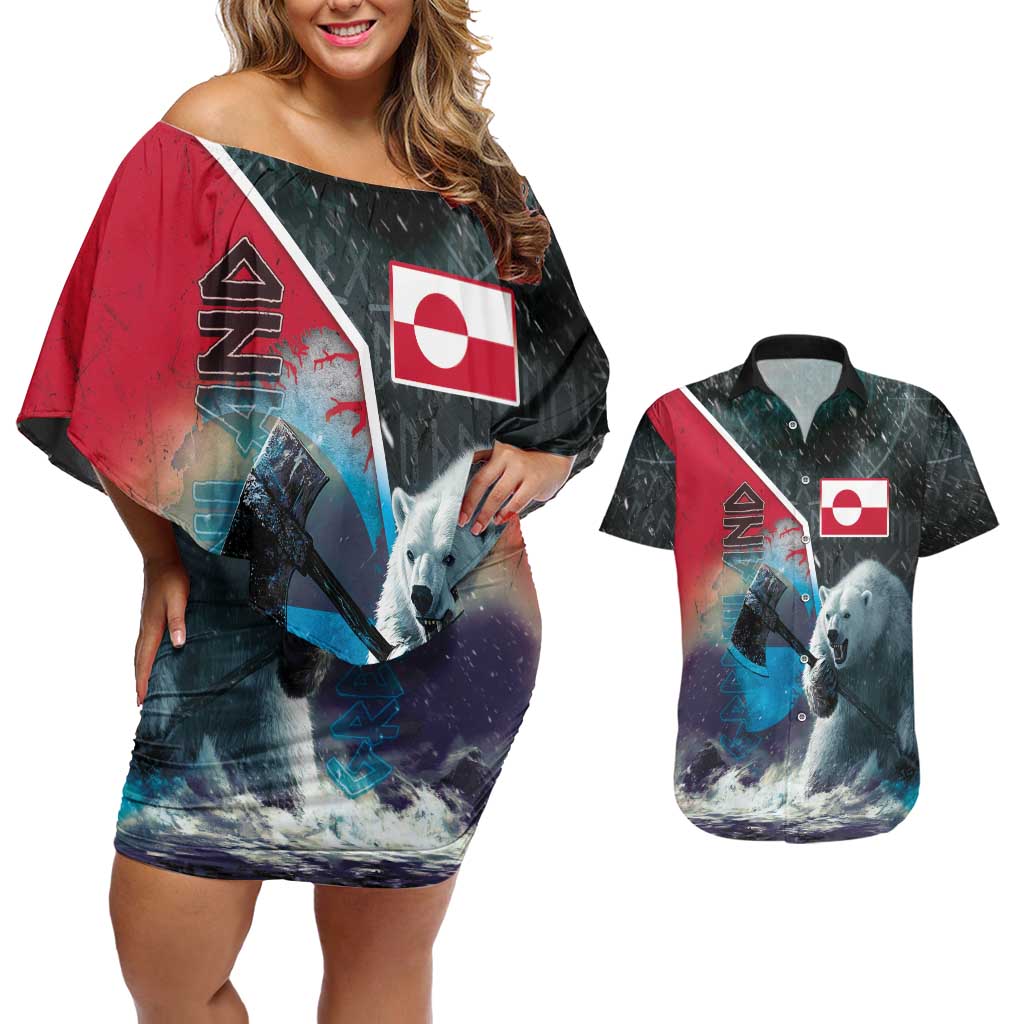 Personalized Greenland Couples Matching Off Shoulder Short Dress and Hawaiian Shirt Polar Bear Warrior Fight for Kalaallit Nunaat