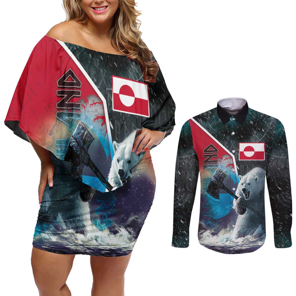 Personalized Greenland Couples Matching Off Shoulder Short Dress and Long Sleeve Button Shirt Polar Bear Warrior Fight for Kalaallit Nunaat