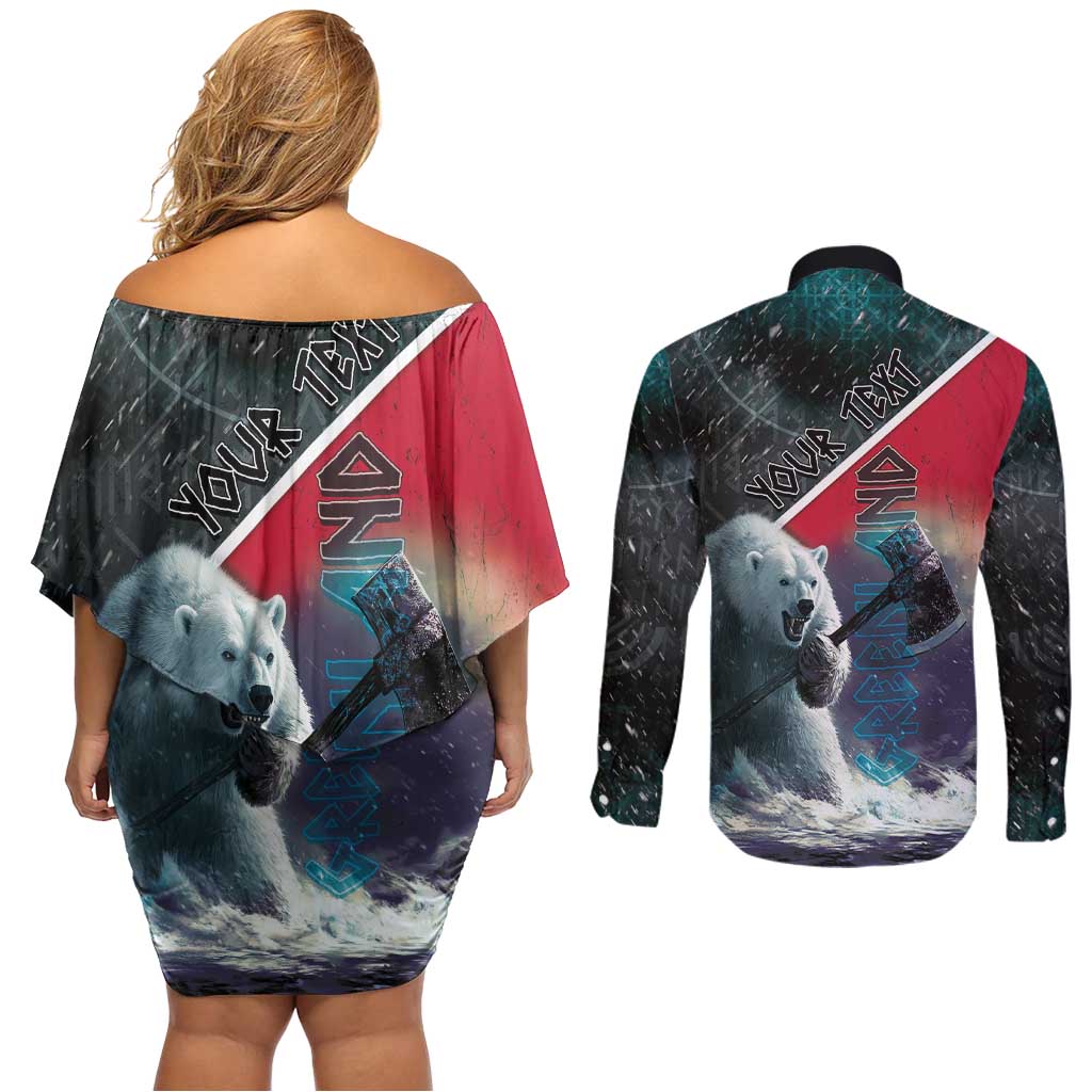 Personalized Greenland Couples Matching Off Shoulder Short Dress and Long Sleeve Button Shirt Polar Bear Warrior Fight for Kalaallit Nunaat