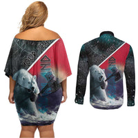 Personalized Greenland Couples Matching Off Shoulder Short Dress and Long Sleeve Button Shirt Polar Bear Warrior Fight for Kalaallit Nunaat