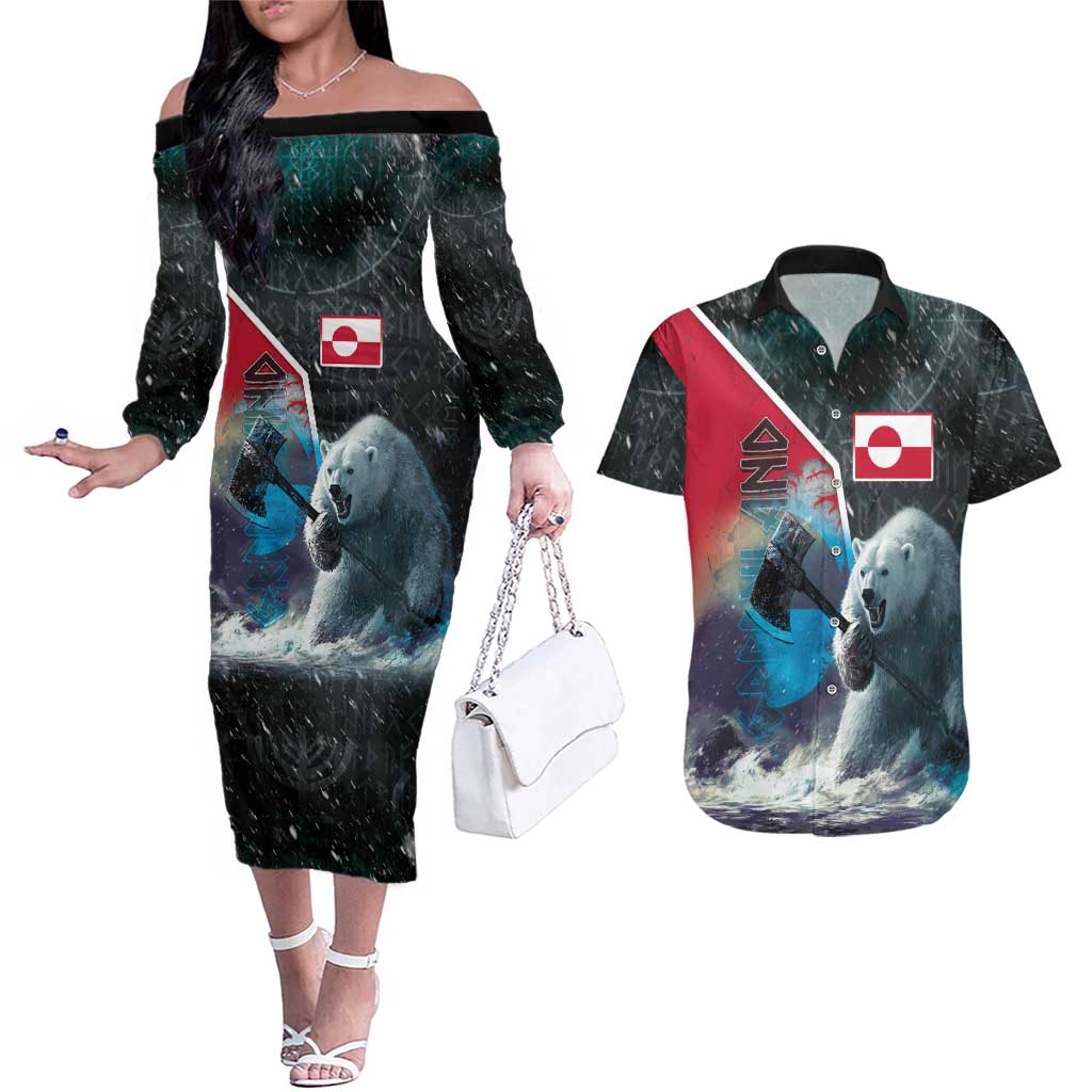 Personalized Greenland Couples Matching Off The Shoulder Long Sleeve Dress and Hawaiian Shirt Polar Bear Warrior Fight for Kalaallit Nunaat