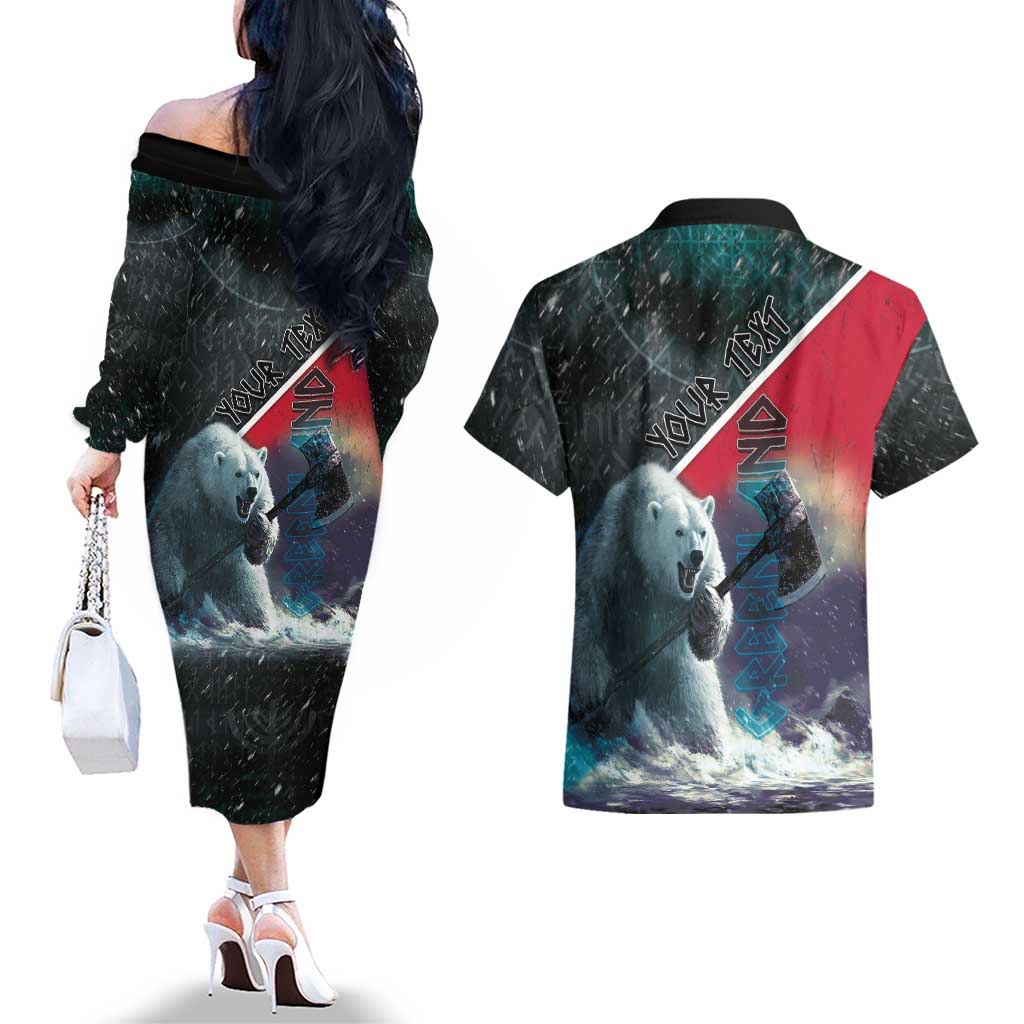 Personalized Greenland Couples Matching Off The Shoulder Long Sleeve Dress and Hawaiian Shirt Polar Bear Warrior Fight for Kalaallit Nunaat