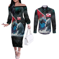 Personalized Greenland Couples Matching Off The Shoulder Long Sleeve Dress and Long Sleeve Button Shirt Polar Bear Warrior Fight for Kalaallit Nunaat