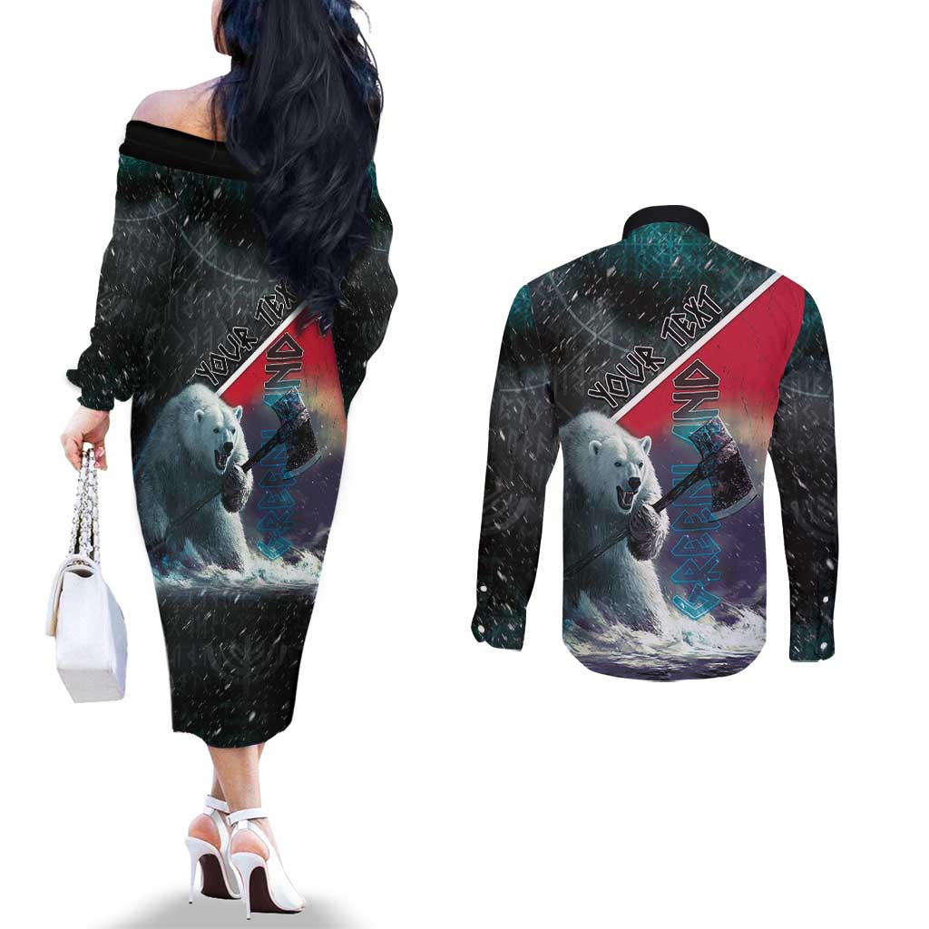 Personalized Greenland Couples Matching Off The Shoulder Long Sleeve Dress and Long Sleeve Button Shirt Polar Bear Warrior Fight for Kalaallit Nunaat