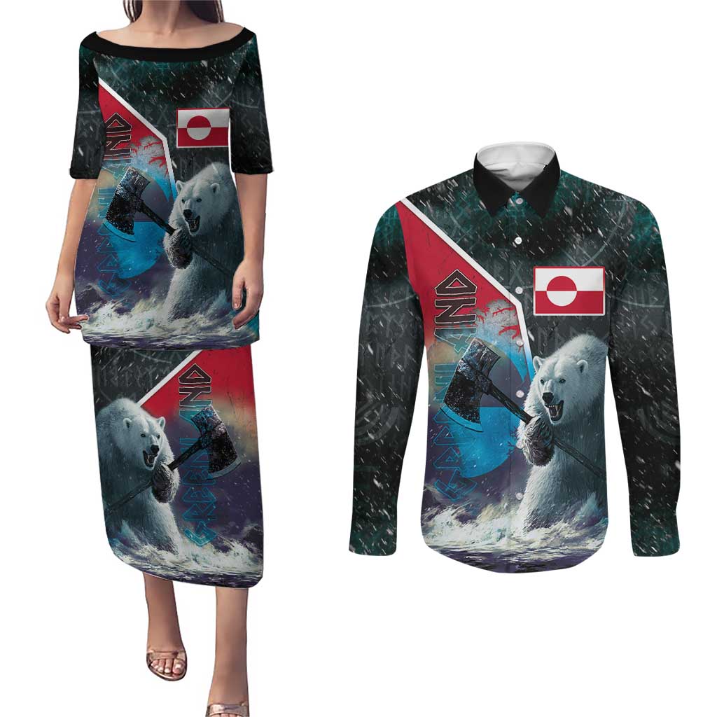 Personalized Greenland Couples Matching Puletasi and Long Sleeve Button Shirt Polar Bear Warrior Fight for Kalaallit Nunaat