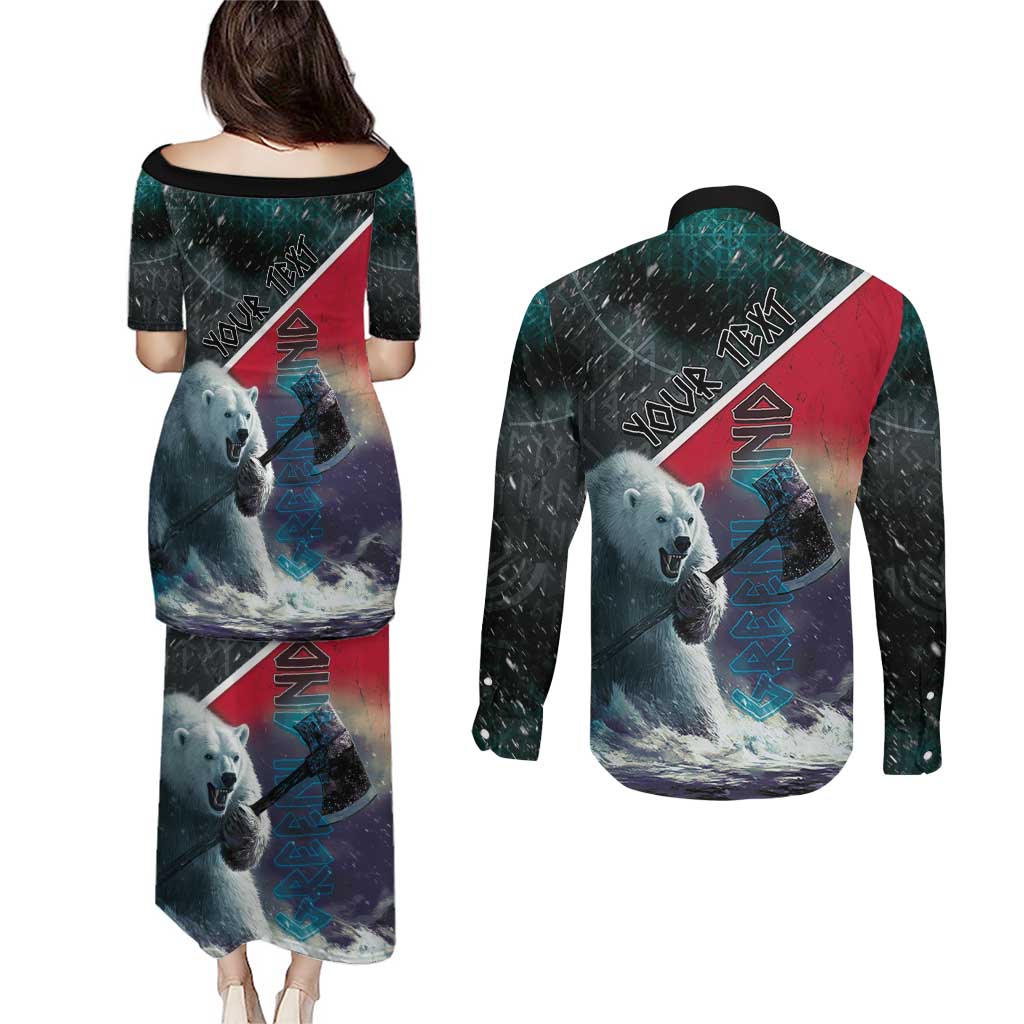 Personalized Greenland Couples Matching Puletasi and Long Sleeve Button Shirt Polar Bear Warrior Fight for Kalaallit Nunaat