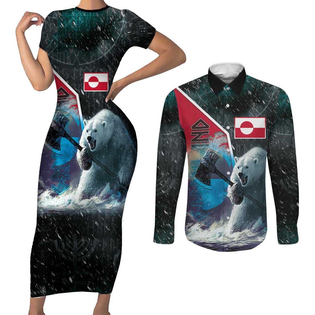 Personalized Greenland Couples Matching Short Sleeve Bodycon Dress and Long Sleeve Button Shirt Polar Bear Warrior Fight for Kalaallit Nunaat
