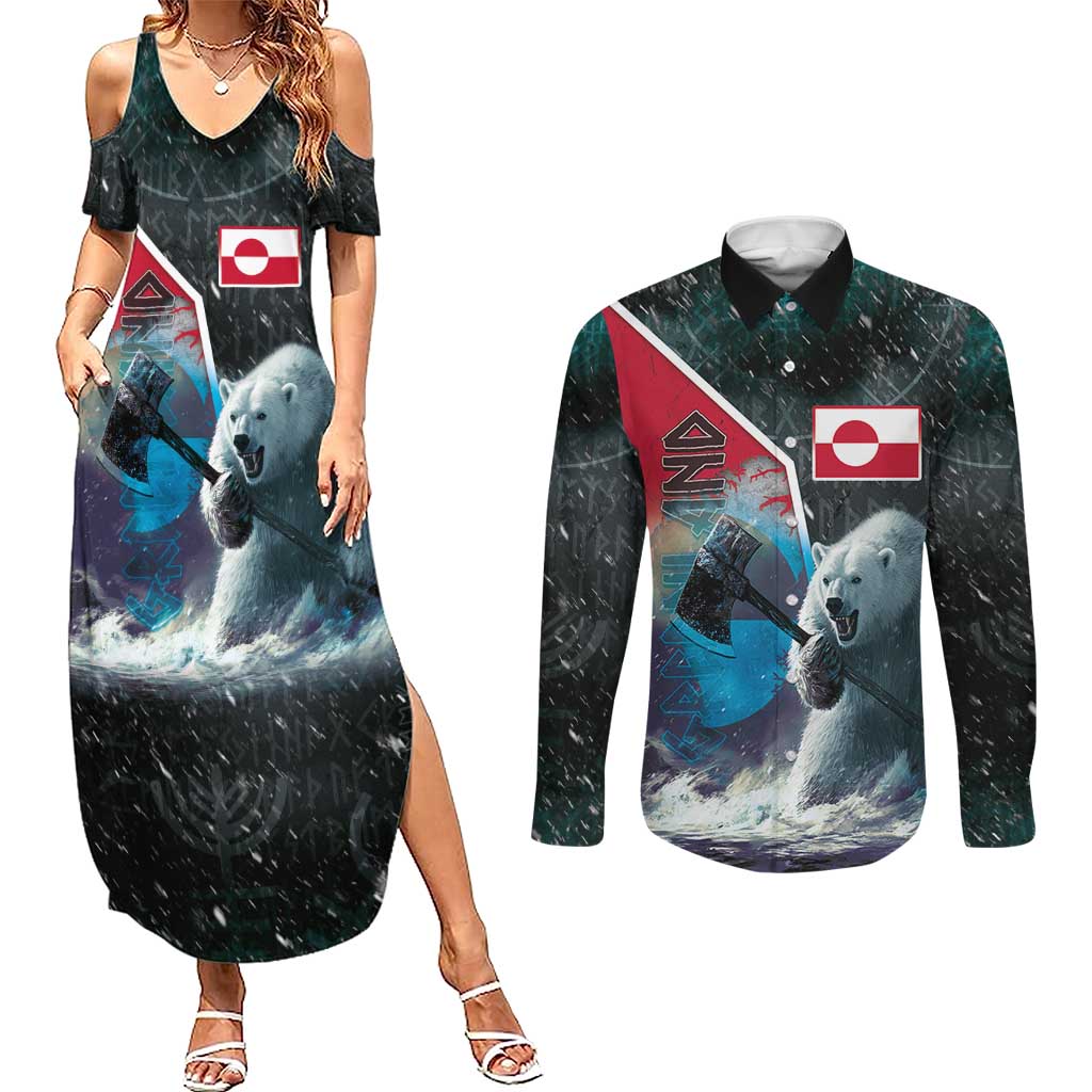 Personalized Greenland Couples Matching Summer Maxi Dress and Long Sleeve Button Shirt Polar Bear Warrior Fight for Kalaallit Nunaat