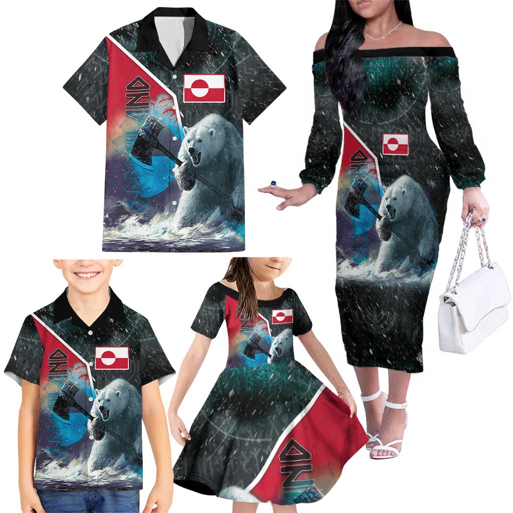 Personalized Greenland Family Matching Off The Shoulder Long Sleeve Dress and Hawaiian Shirt Polar Bear Warrior Fight for Kalaallit Nunaat