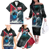 Personalized Greenland Family Matching Off The Shoulder Long Sleeve Dress and Hawaiian Shirt Polar Bear Warrior Fight for Kalaallit Nunaat
