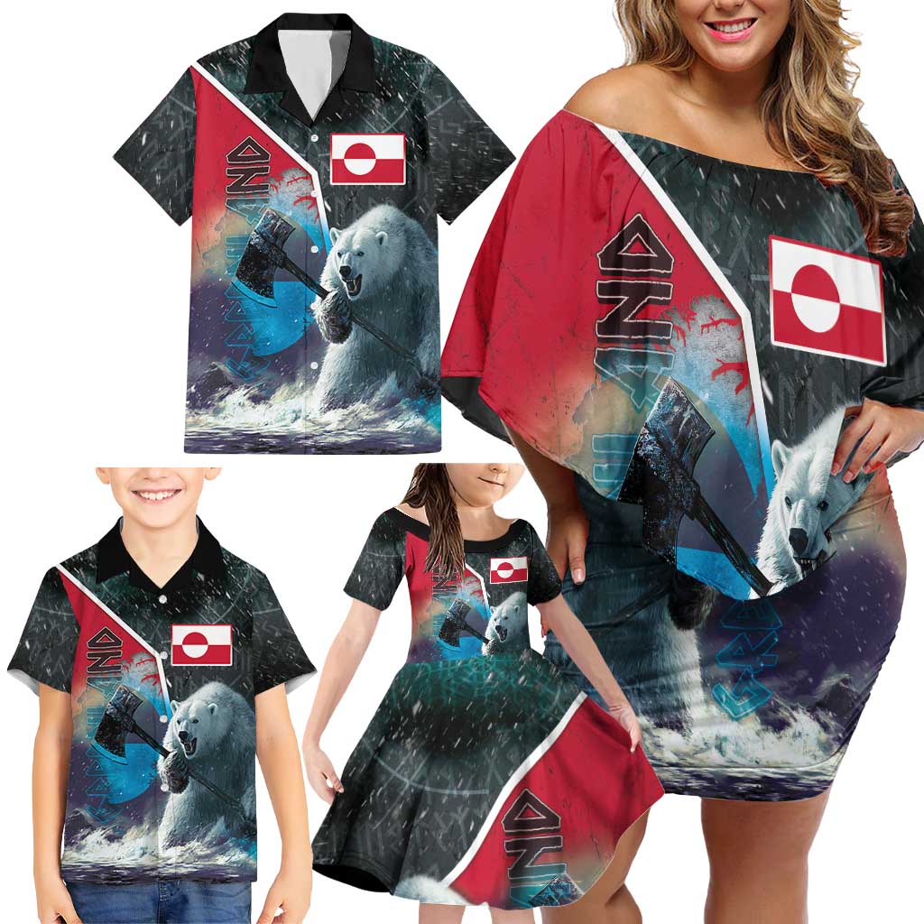 Personalized Greenland Family Matching Off Shoulder Short Dress and Hawaiian Shirt Polar Bear Warrior Fight for Kalaallit Nunaat