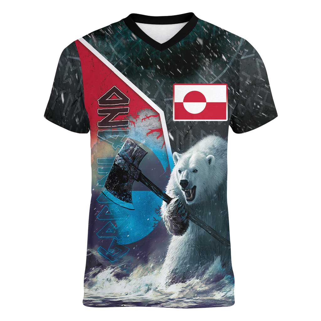 Personalized Greenland Women V-Neck T-Shirt Polar Bear Warrior Fight for Kalaallit Nunaat