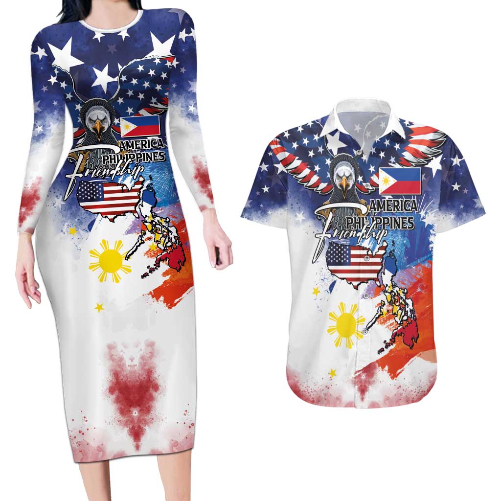 Philippine-American Friendship Couples Matching Long Sleeve Bodycon Dress and Hawaiian Shirt USA Eagle and Philippines Flag with The Maps