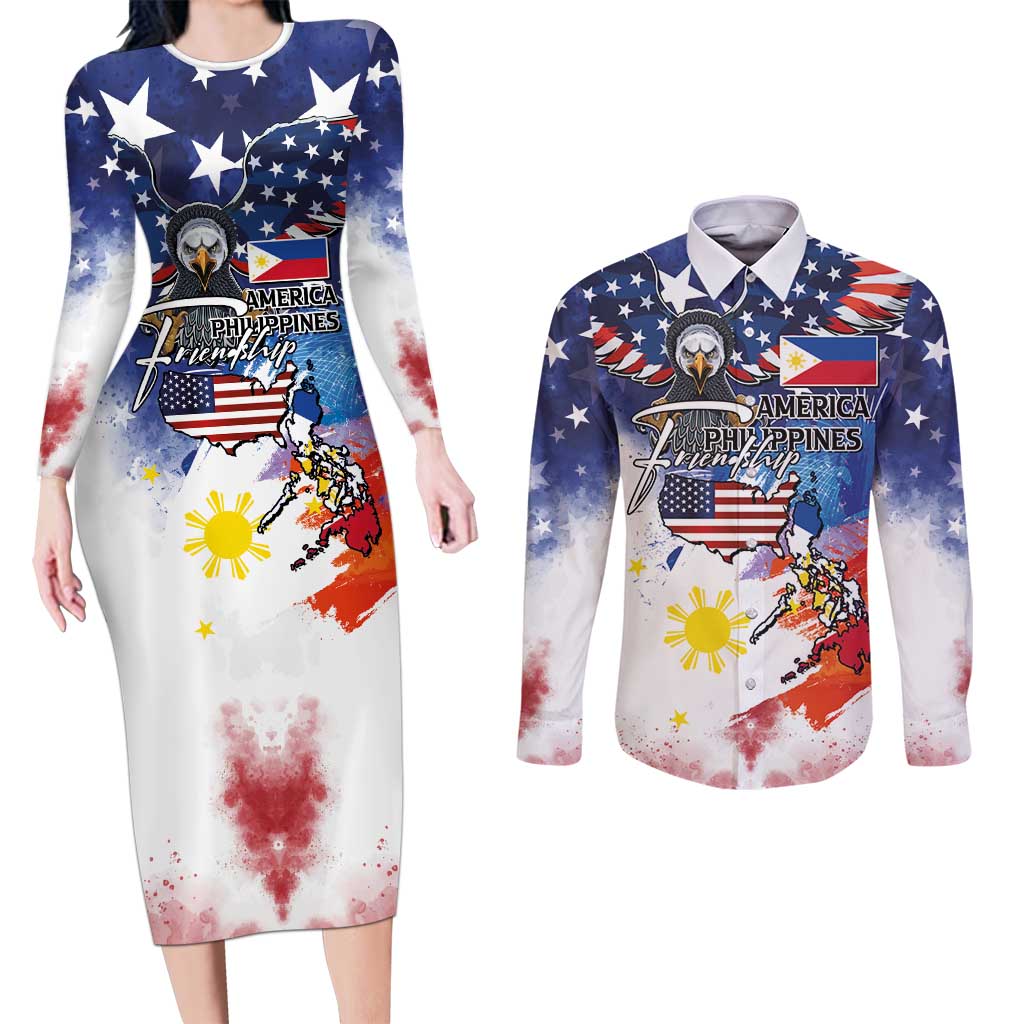 Philippine-American Friendship Couples Matching Long Sleeve Bodycon Dress and Long Sleeve Button Shirt USA Eagle and Philippines Flag with The Maps