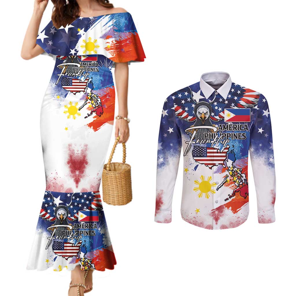 Philippine-American Friendship Couples Matching Mermaid Dress and Long Sleeve Button Shirt USA Eagle and Philippines Flag with The Maps