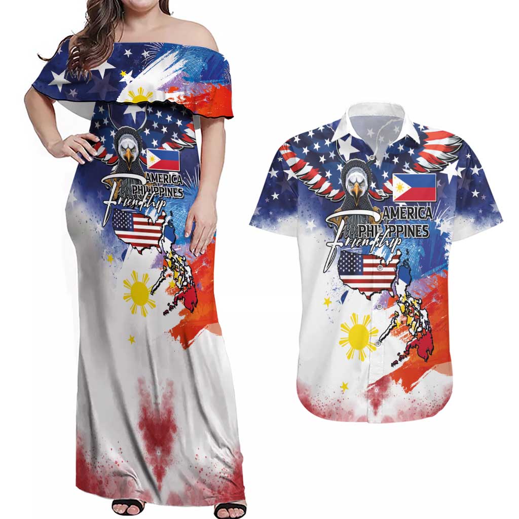 Philippine-American Friendship Couples Matching Off Shoulder Maxi Dress and Hawaiian Shirt USA Eagle and Philippines Flag with The Maps