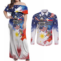 Philippine-American Friendship Couples Matching Off Shoulder Maxi Dress and Long Sleeve Button Shirt USA Eagle and Philippines Flag with The Maps