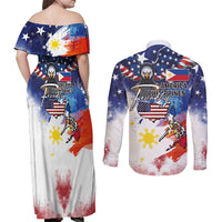 Philippine-American Friendship Couples Matching Off Shoulder Maxi Dress and Long Sleeve Button Shirt USA Eagle and Philippines Flag with The Maps