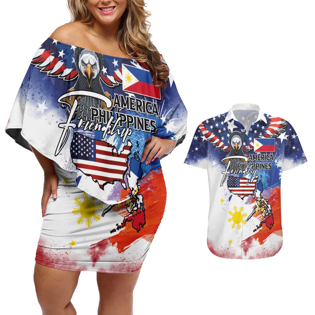 Philippine-American Friendship Couples Matching Off Shoulder Short Dress and Hawaiian Shirt USA Eagle and Philippines Flag with The Maps