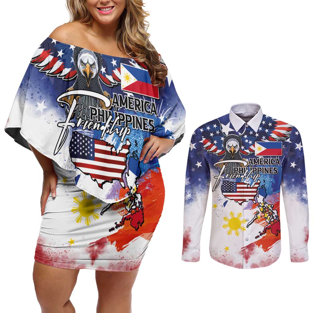 Philippine-American Friendship Couples Matching Off Shoulder Short Dress and Long Sleeve Button Shirt USA Eagle and Philippines Flag with The Maps