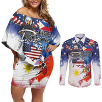 Philippine-American Friendship Couples Matching Off Shoulder Short Dress and Long Sleeve Button Shirt USA Eagle and Philippines Flag with The Maps