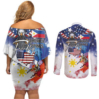 Philippine-American Friendship Couples Matching Off Shoulder Short Dress and Long Sleeve Button Shirt USA Eagle and Philippines Flag with The Maps