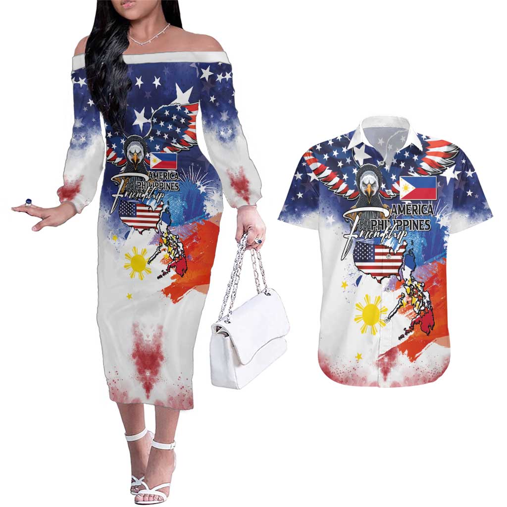 Philippine-American Friendship Couples Matching Off The Shoulder Long Sleeve Dress and Hawaiian Shirt USA Eagle and Philippines Flag with The Maps