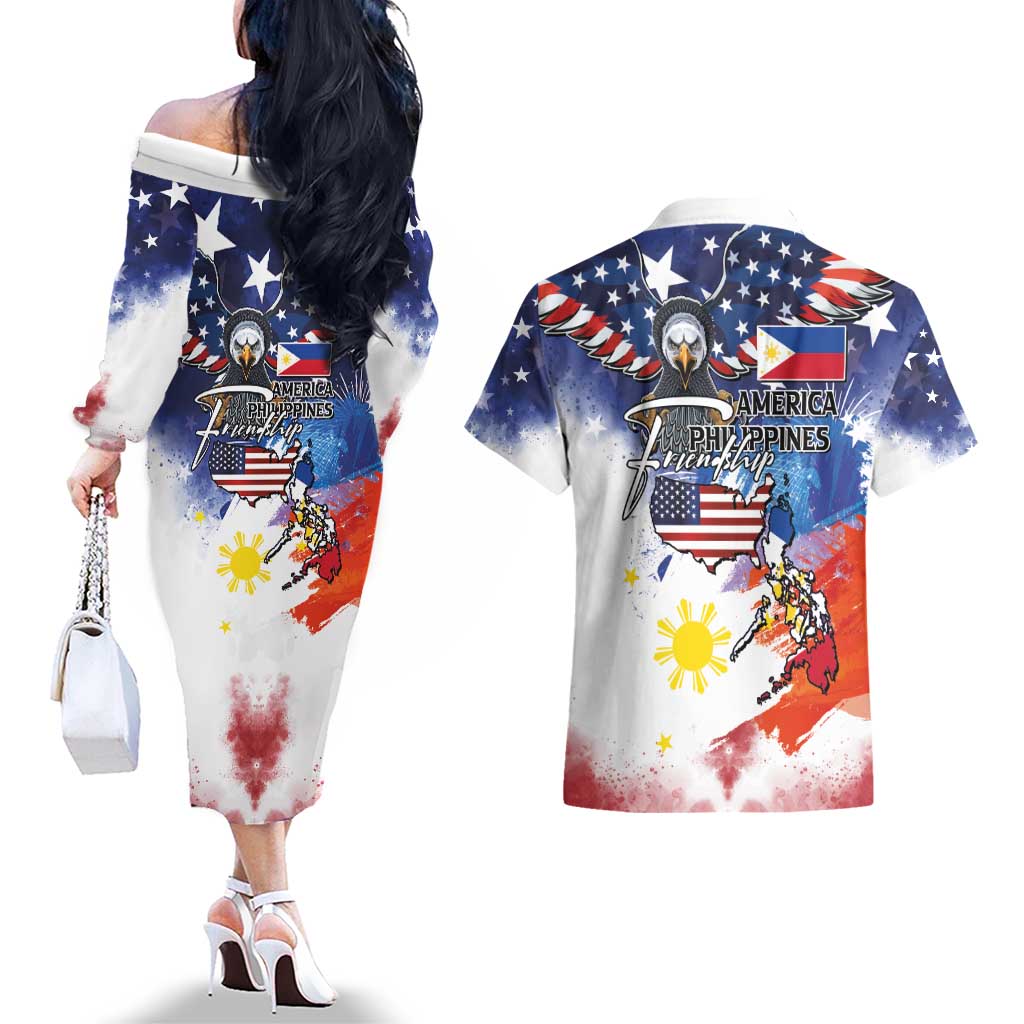 Philippine-American Friendship Couples Matching Off The Shoulder Long Sleeve Dress and Hawaiian Shirt USA Eagle and Philippines Flag with The Maps