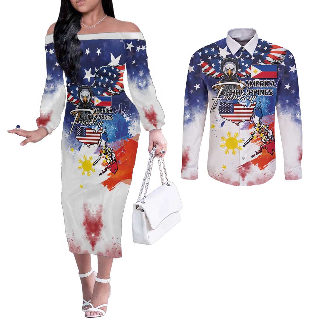 Philippine-American Friendship Couples Matching Off The Shoulder Long Sleeve Dress and Long Sleeve Button Shirt USA Eagle and Philippines Flag with The Maps