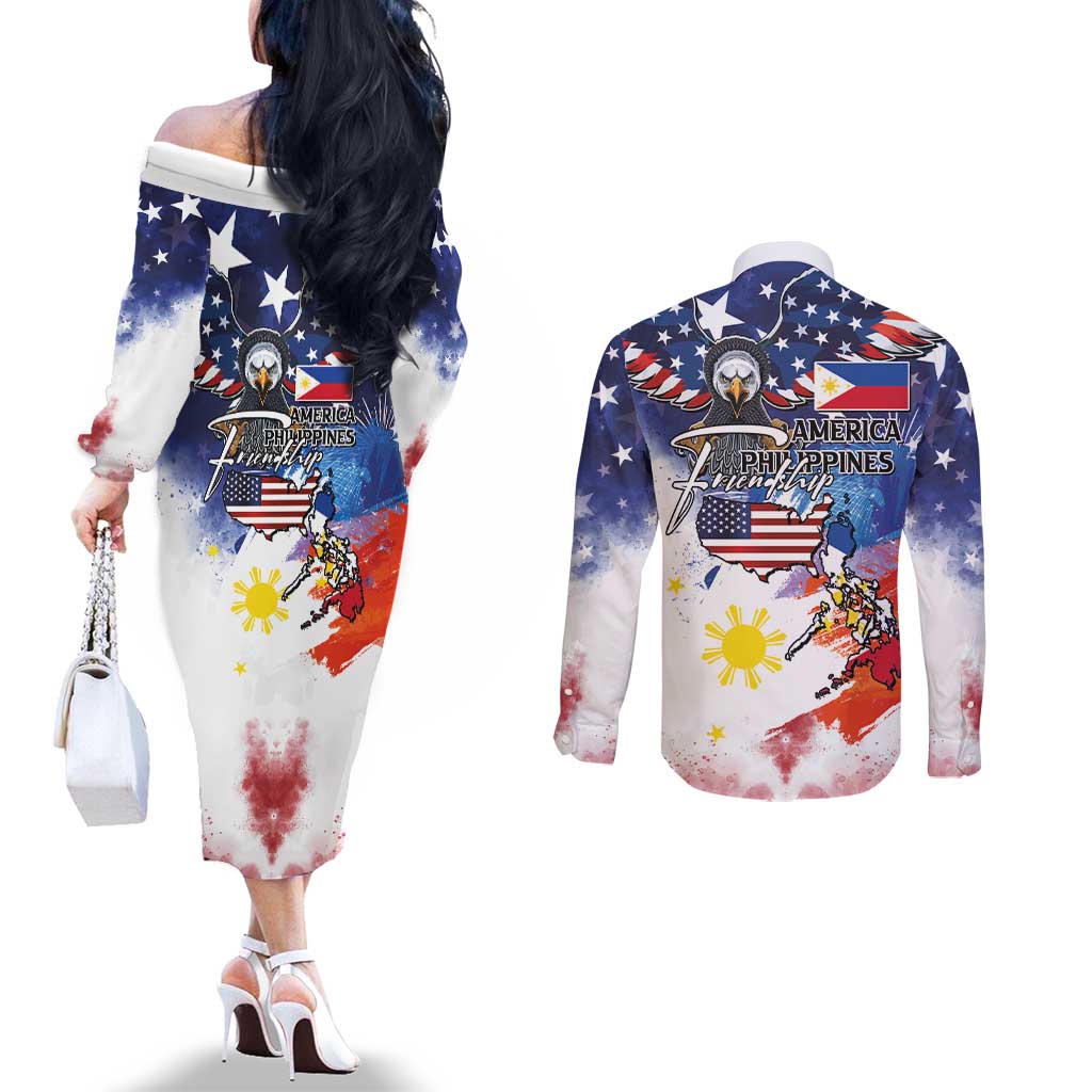 Philippine-American Friendship Couples Matching Off The Shoulder Long Sleeve Dress and Long Sleeve Button Shirt USA Eagle and Philippines Flag with The Maps