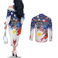 Philippine-American Friendship Couples Matching Off The Shoulder Long Sleeve Dress and Long Sleeve Button Shirt USA Eagle and Philippines Flag with The Maps