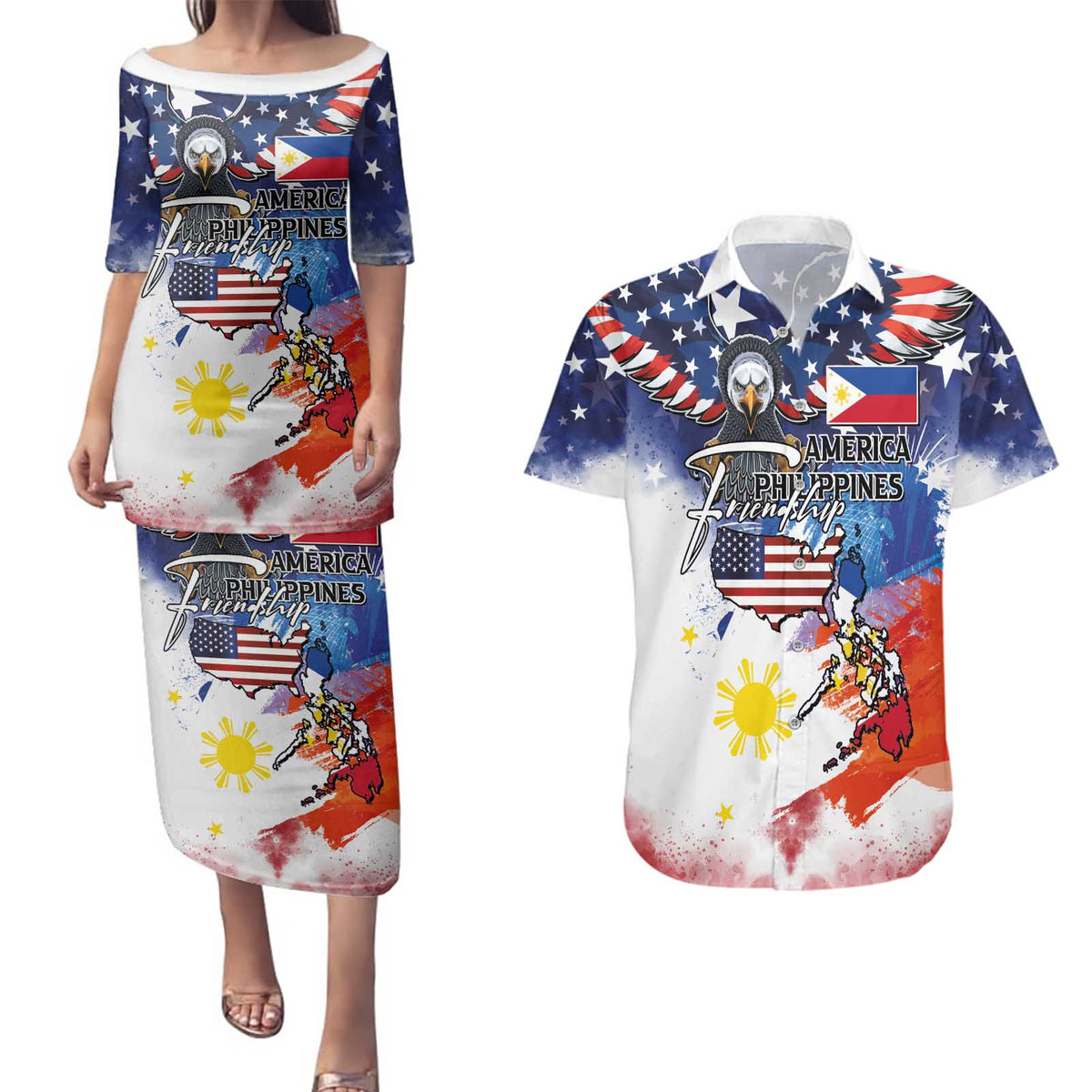 Philippine-American Friendship Couples Matching Puletasi and Hawaiian Shirt USA Eagle and Philippines Flag with The Maps