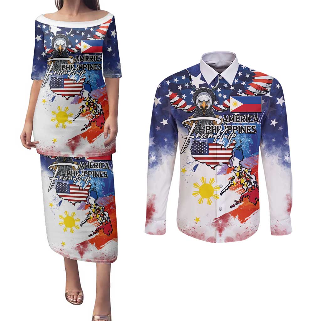 Philippine-American Friendship Couples Matching Puletasi and Long Sleeve Button Shirt USA Eagle and Philippines Flag with The Maps